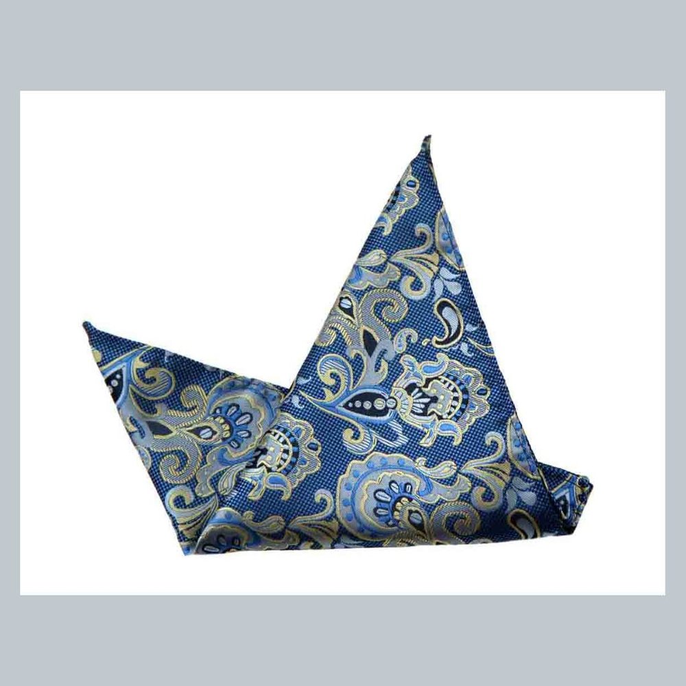 Eksel Pocket Square Blue Black Beige Scroll Pattern Men's
